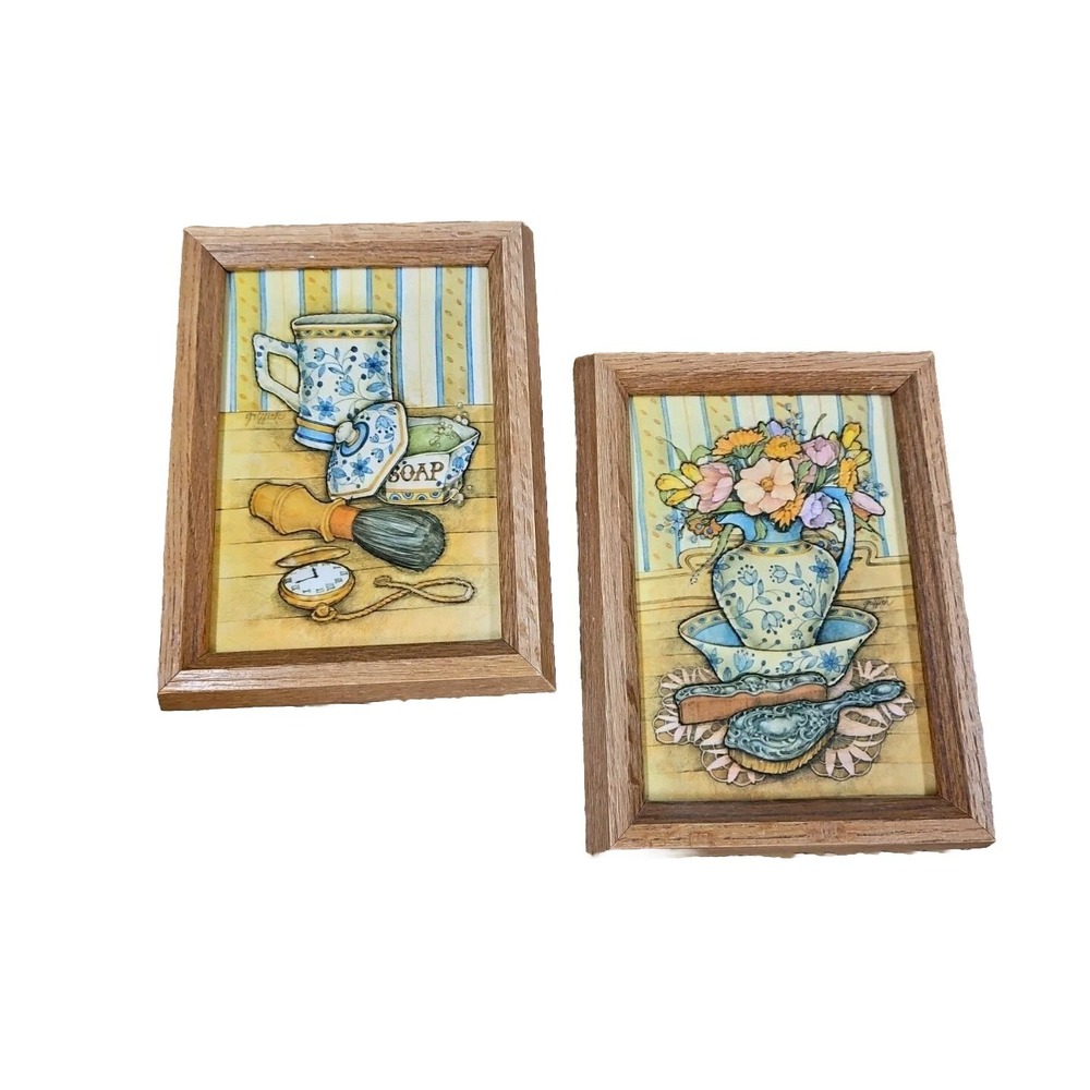 VTG 3D Bathroom Art Padded Textile Applique Framed‎ Fabric Dimensional Set Of 2